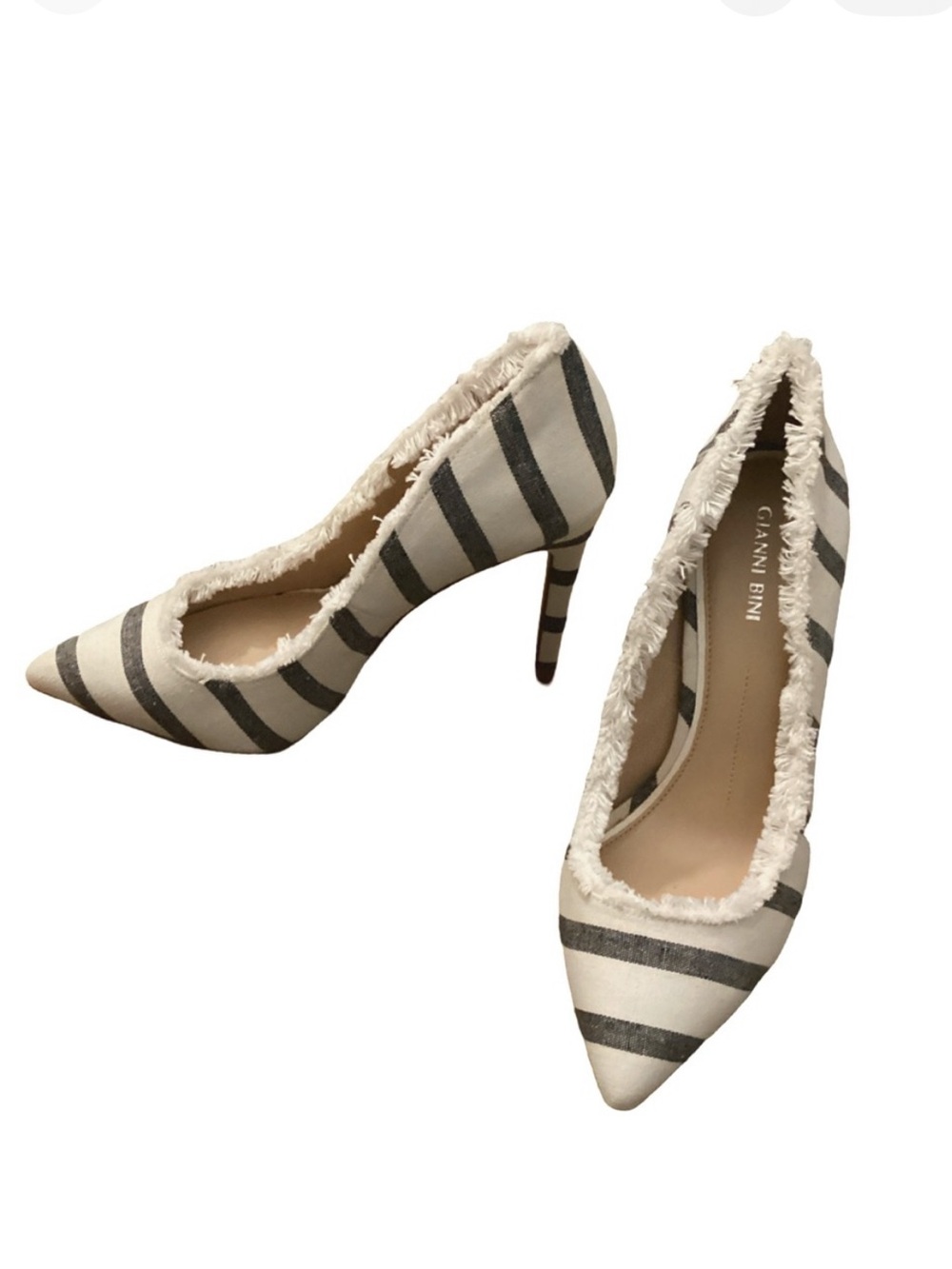 GIANNI BINI Women's Canvas Fringe Stripe Heels - Black and White 9.5